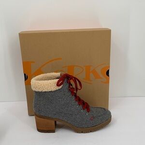Korks Evie combat moto chunky boots gray wool heel lug shearling grey new 10